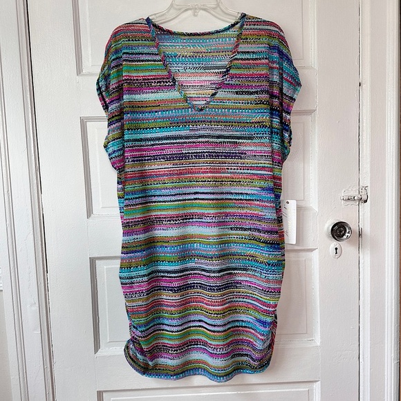 Anne Cole V-Neck Mesh Tunic Swimsuit Coverup Colorful Stripes Ruched Sides NWT - Picture 14 of 14